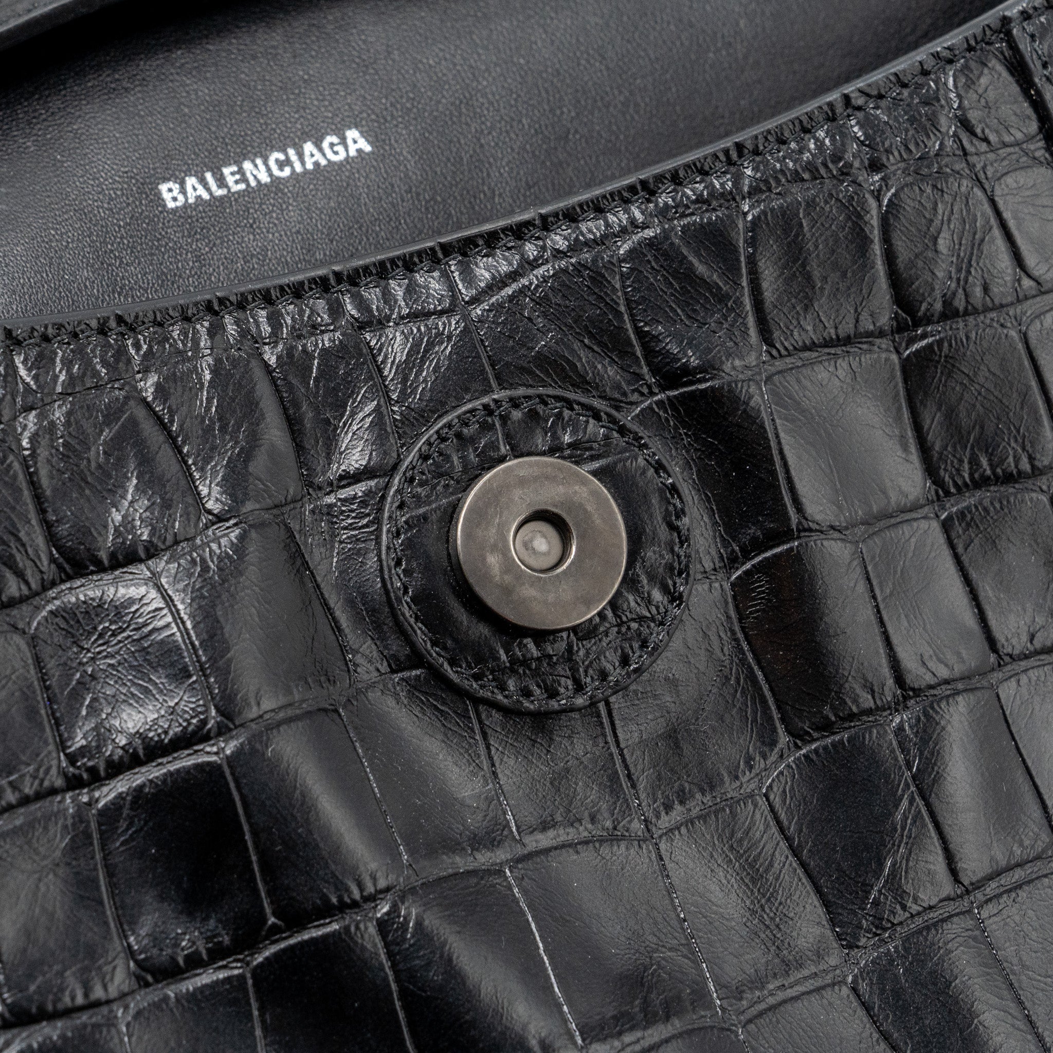 BALENCIAGA DOWNTOWN SMALL SHOUDLER BAG CROCODILE EMBOSSED BLACK WITH BLACK HARDWARE