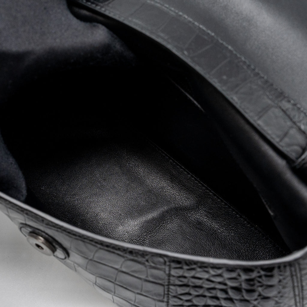 BALENCIAGA DOWNTOWN SMALL SHOUDLER BAG CROCODILE EMBOSSED BLACK WITH BLACK HARDWARE
