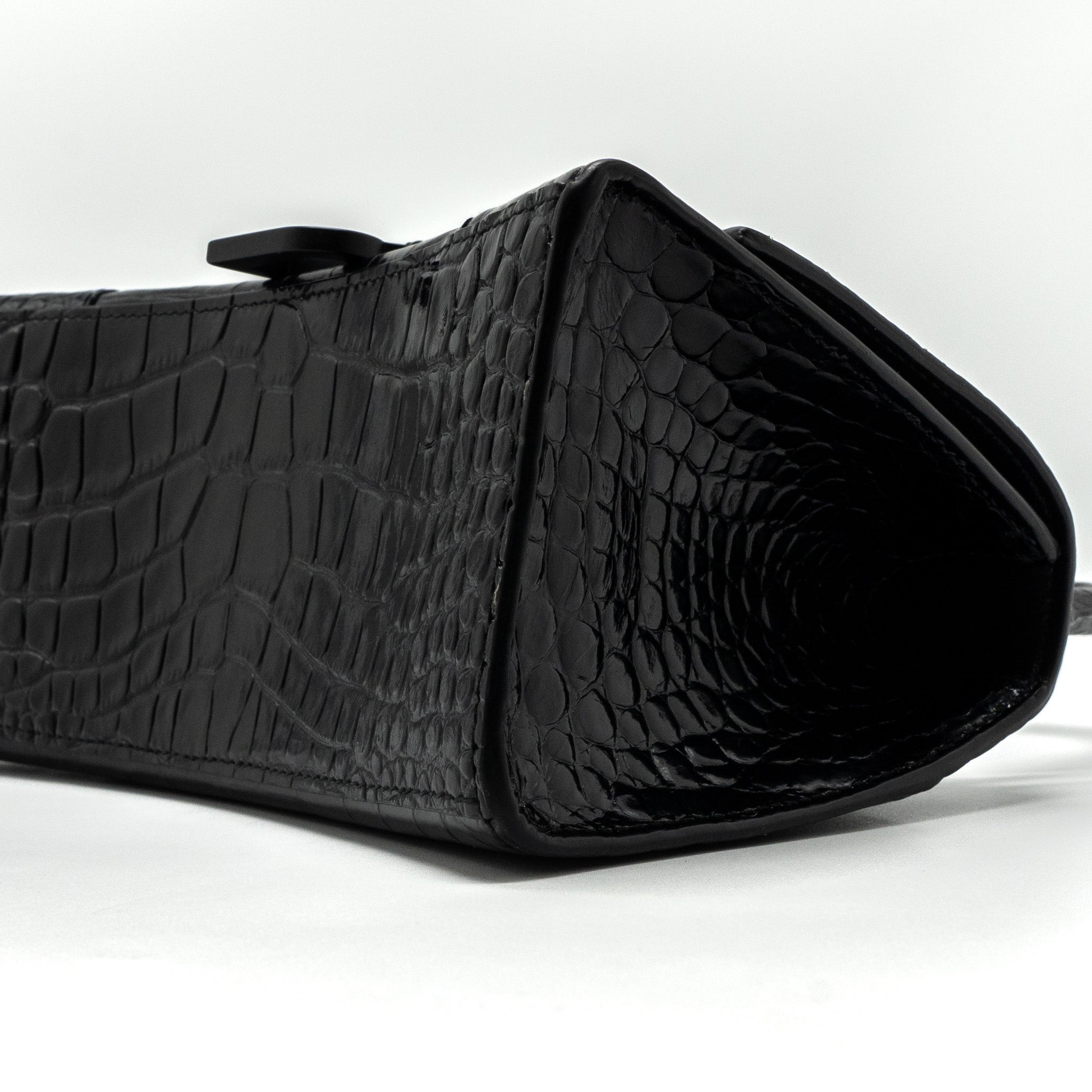 BALENCIAGA HOURGLASS S CROC-EMBOSSED CALFSKIN SO BLACK