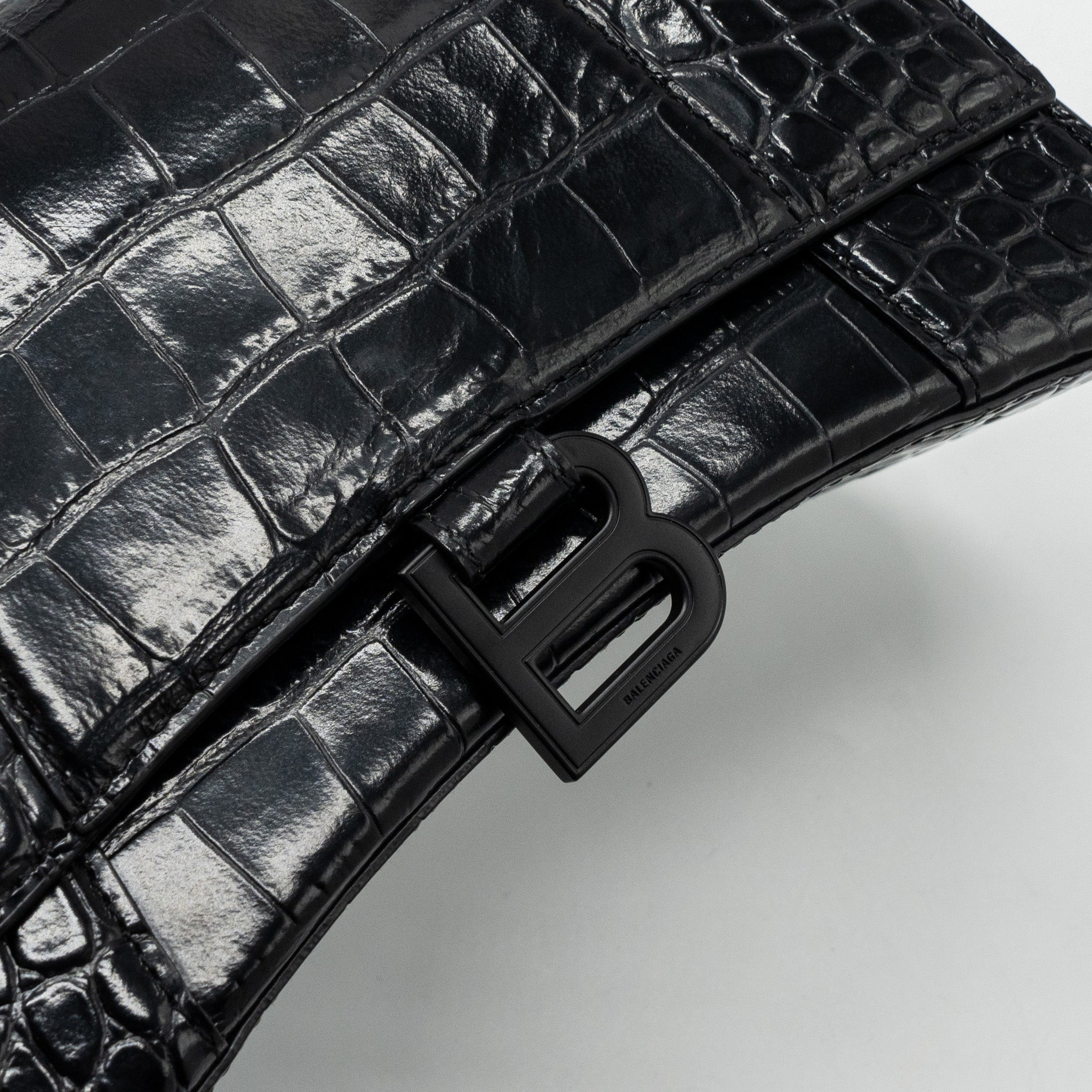 BALENCIAGA HOURGLASS S CROC-EMBOSSED CALFSKIN SO BLACK