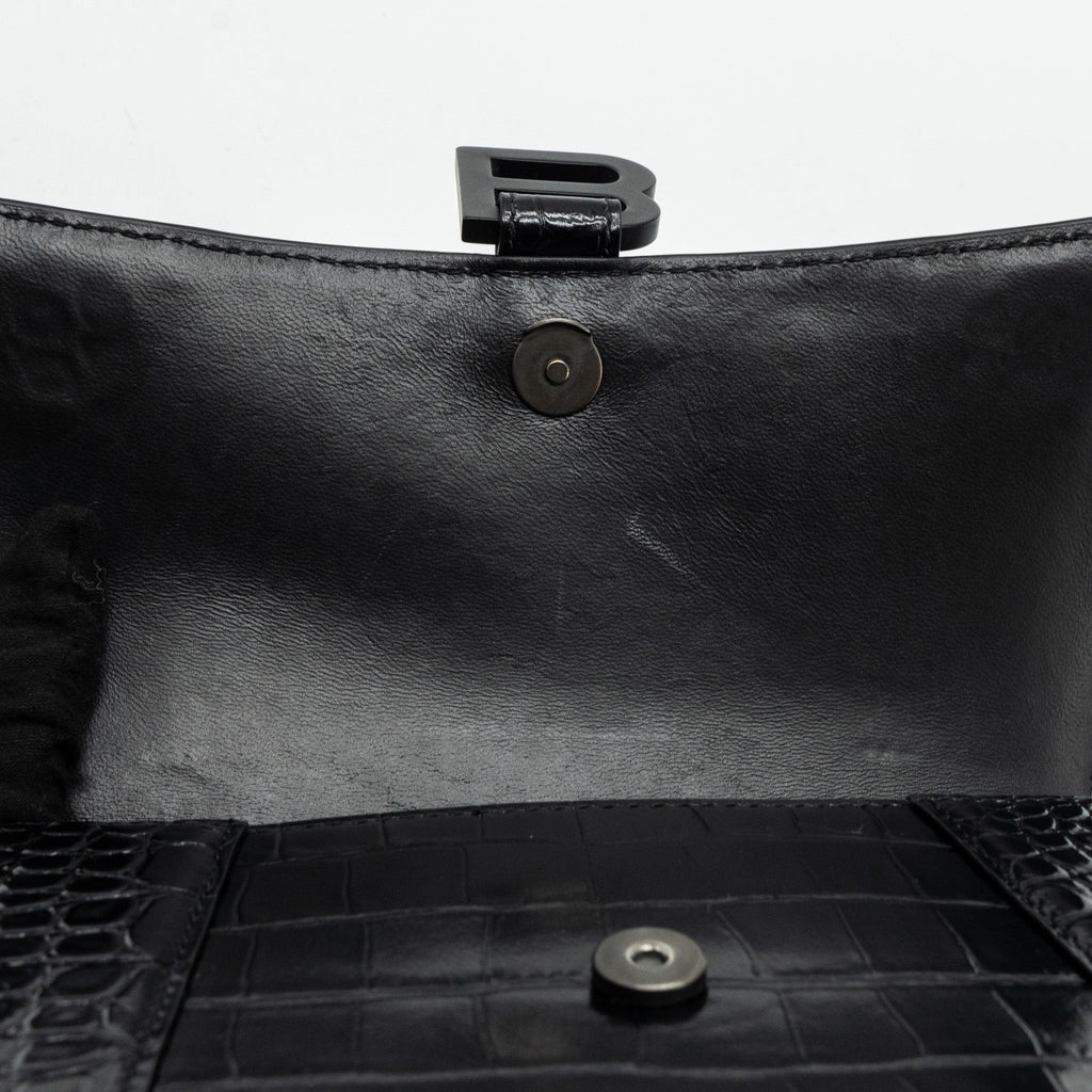 BALENCIAGA HOURGLASS S CROC-EMBOSSED CALFSKIN SO BLACK