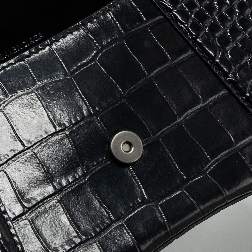 BALENCIAGA HOURGLASS S CROC-EMBOSSED CALFSKIN SO BLACK