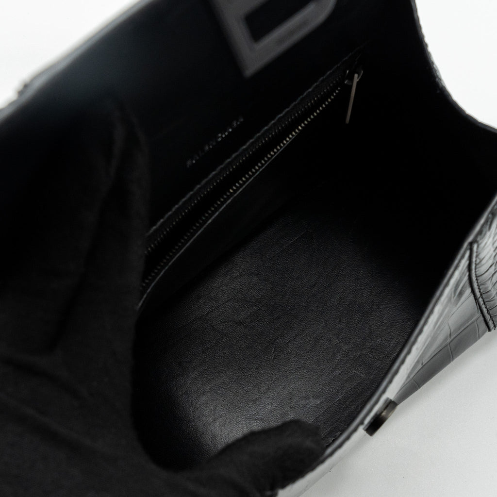 BALENCIAGA HOURGLASS S CROC-EMBOSSED CALFSKIN SO BLACK