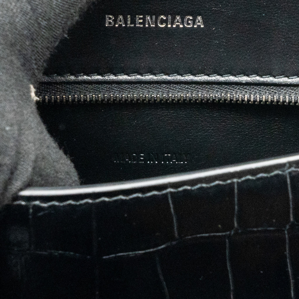 BALENCIAGA HOURGLASS S CROC-EMBOSSED CALFSKIN SO BLACK