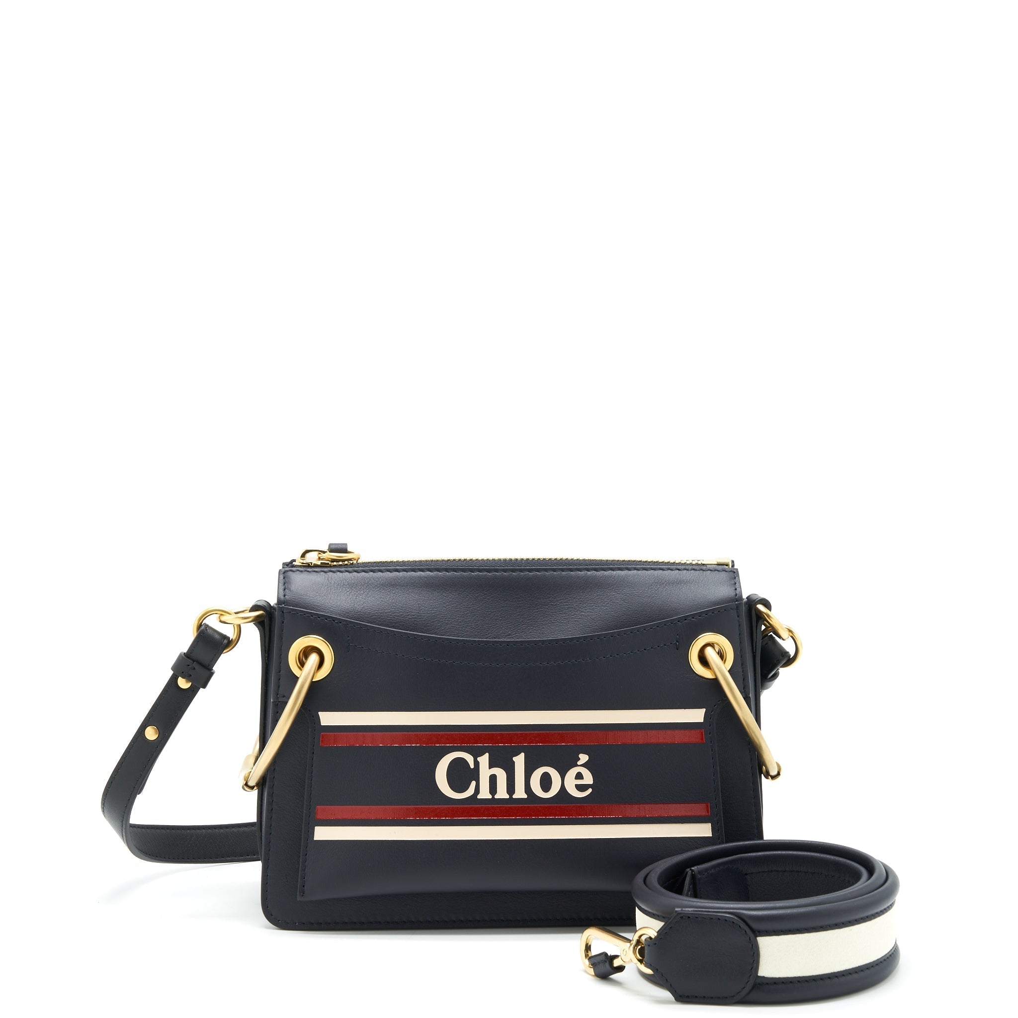 CHLOE LOGO PRINT SHOULDER BAG NAVY GHW