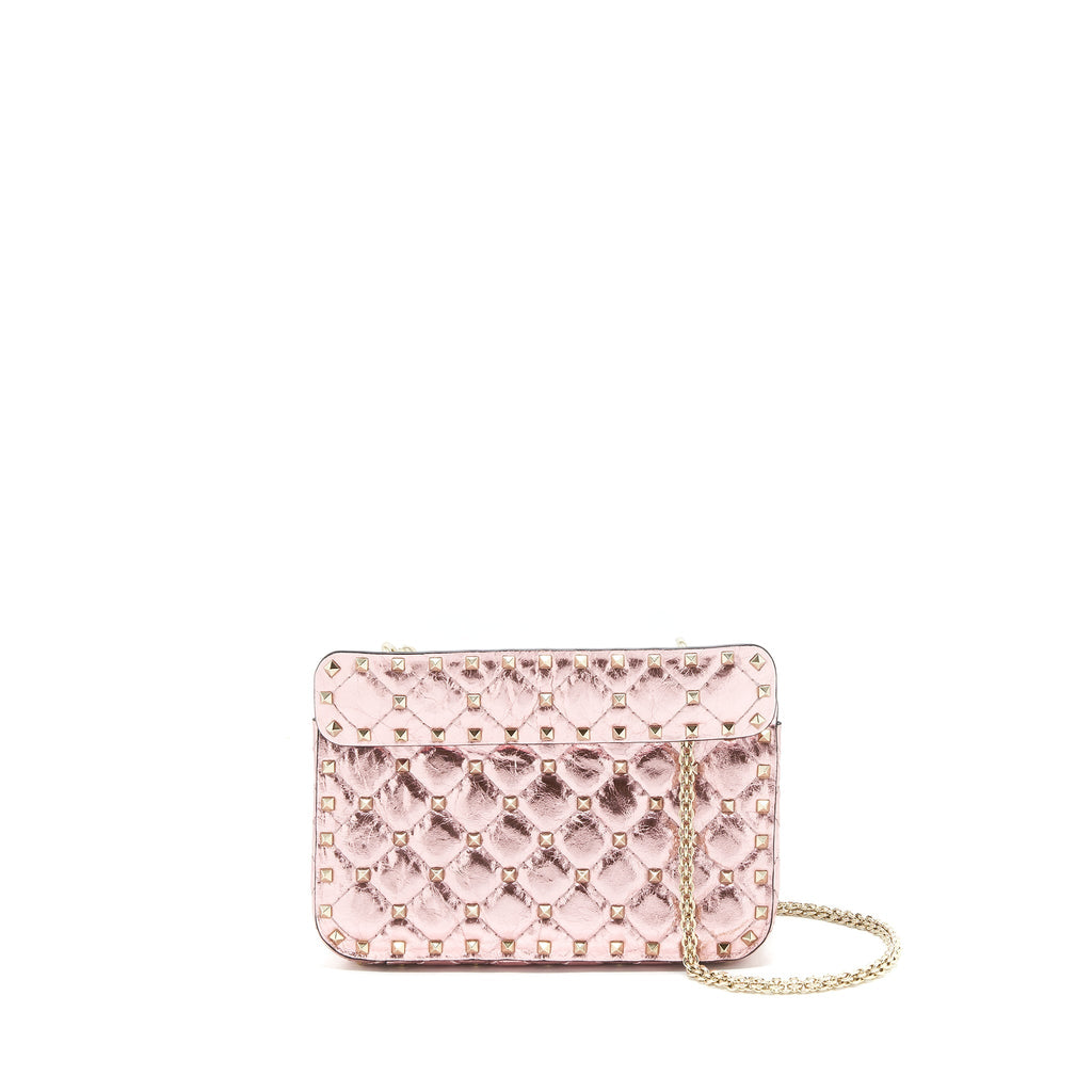 VALENTINO GARAVANI ROCKSTUD SPIKE SMALL LEATHER SHOULDER BAG METALLIC PINK LGHW