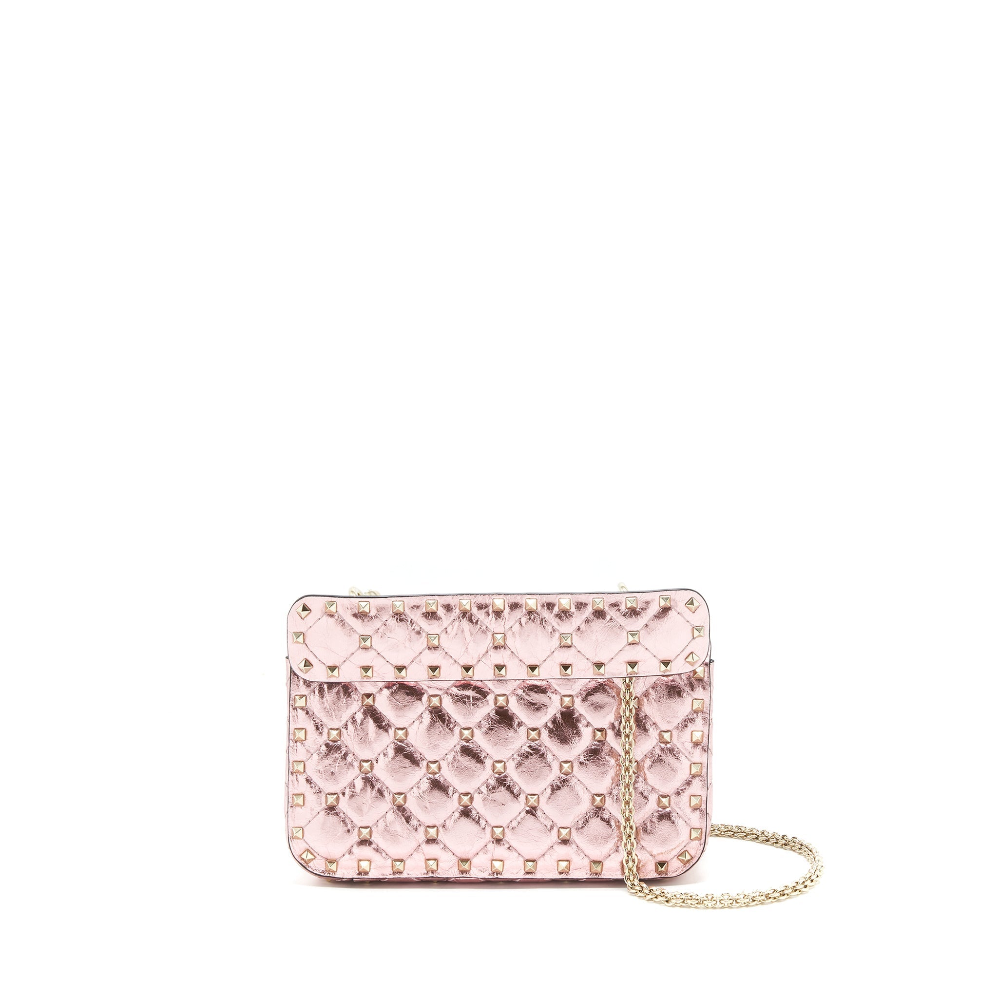 VALENTINO GARAVANI ROCKSTUD SPIKE SMALL LEATHER SHOULDER BAG METALLIC PINK LGHW
