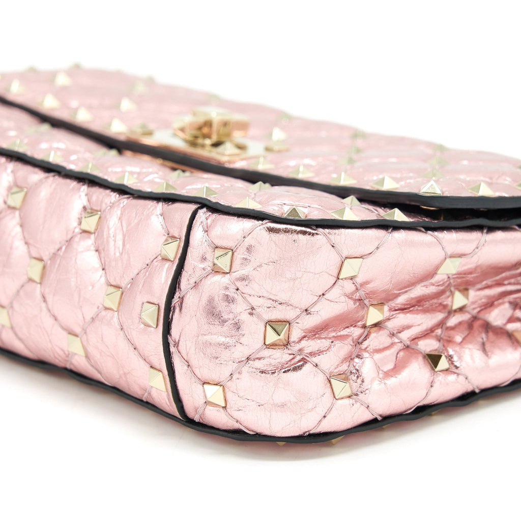 VALENTINO GARAVANI ROCKSTUD SPIKE SMALL LEATHER SHOULDER BAG METALLIC PINK LGHW