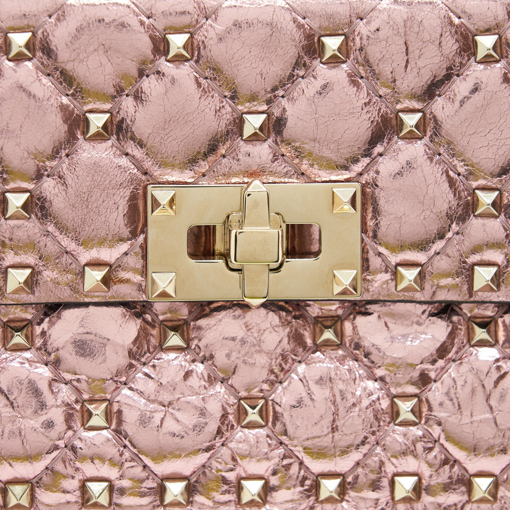 VALENTINO GARAVANI ROCKSTUD SPIKE SMALL LEATHER SHOULDER BAG METALLIC PINK LGHW