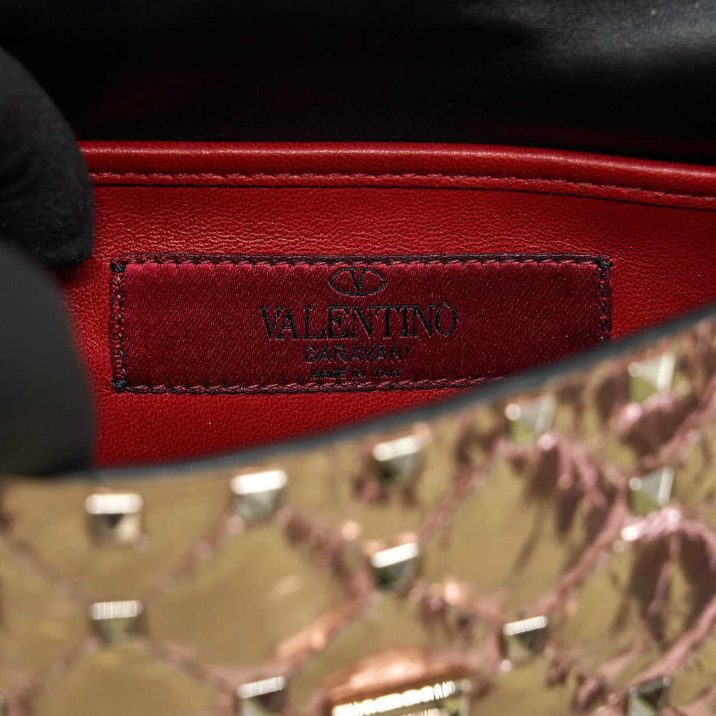 VALENTINO GARAVANI ROCKSTUD SPIKE SMALL LEATHER SHOULDER BAG METALLIC PINK LGHW