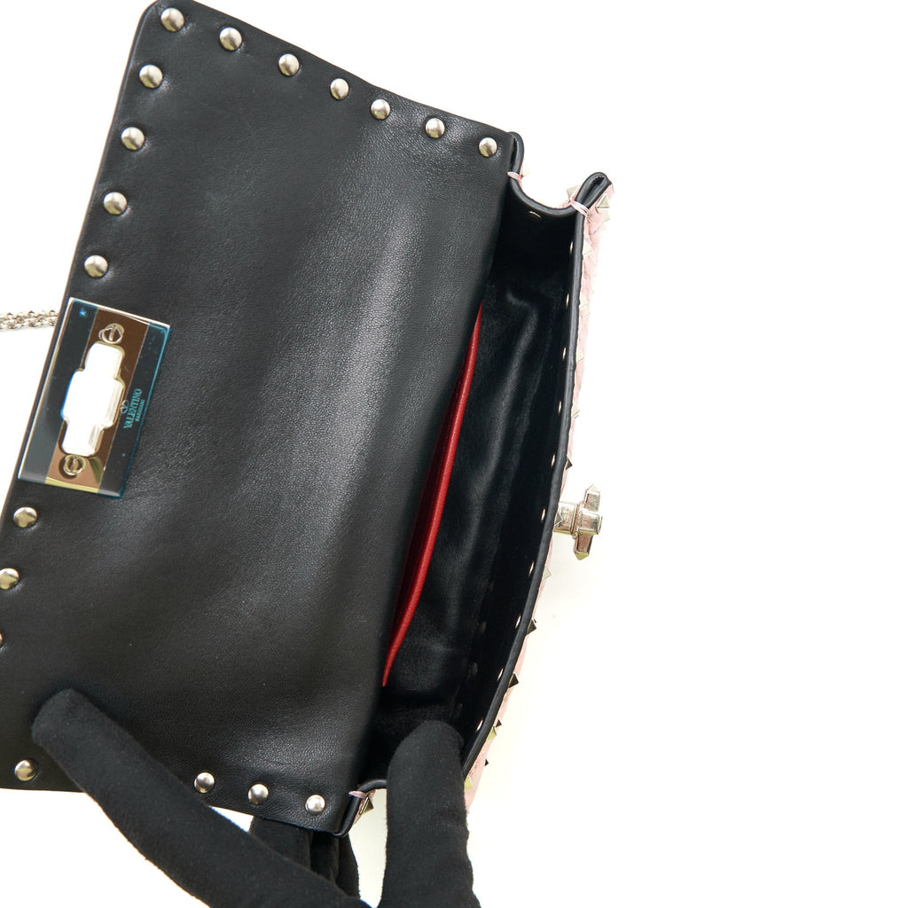 VALENTINO GARAVANI ROCKSTUD SPIKE SMALL LEATHER SHOULDER BAG METALLIC PINK LGHW