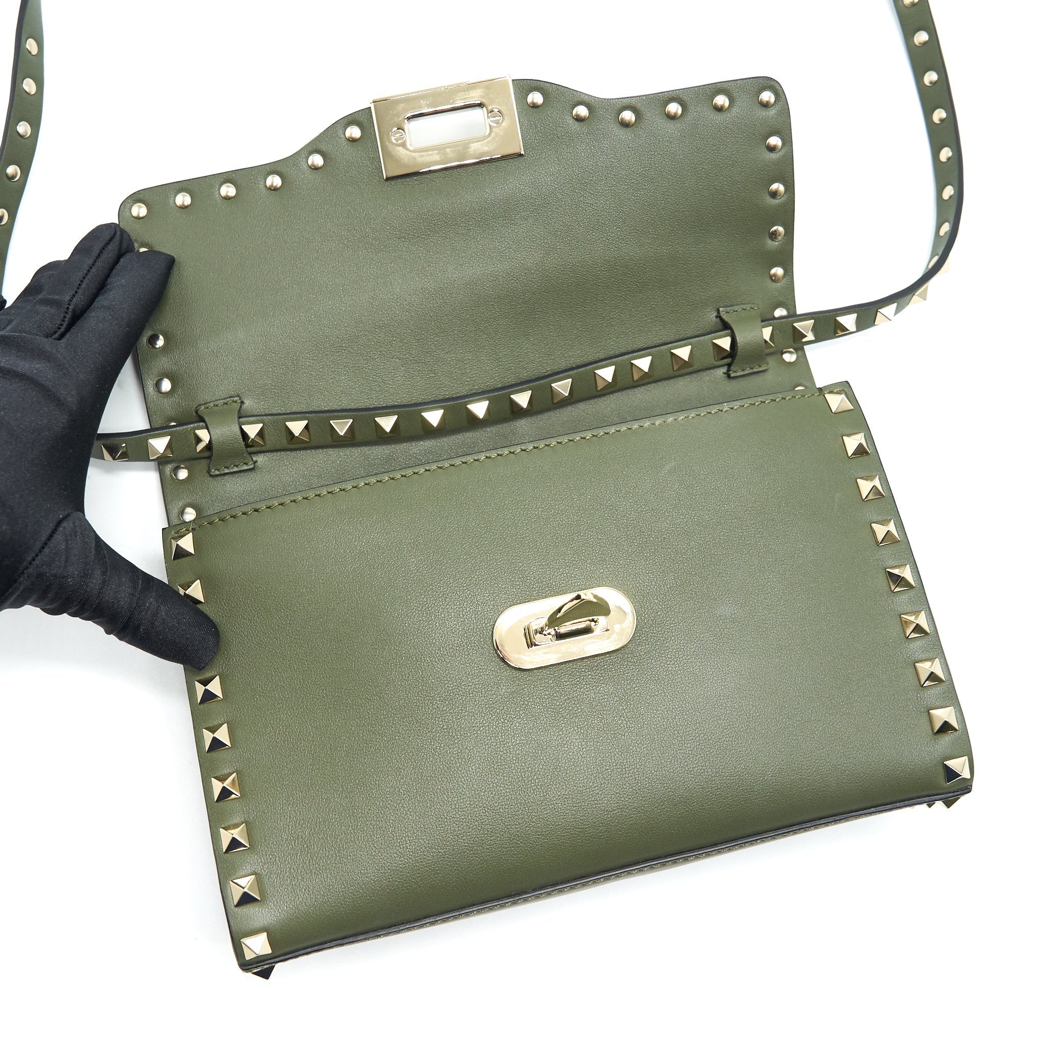 VALENTINO SMALL ROCKSTUD CALFSKIN CROSSBODY BAG KHAKI
