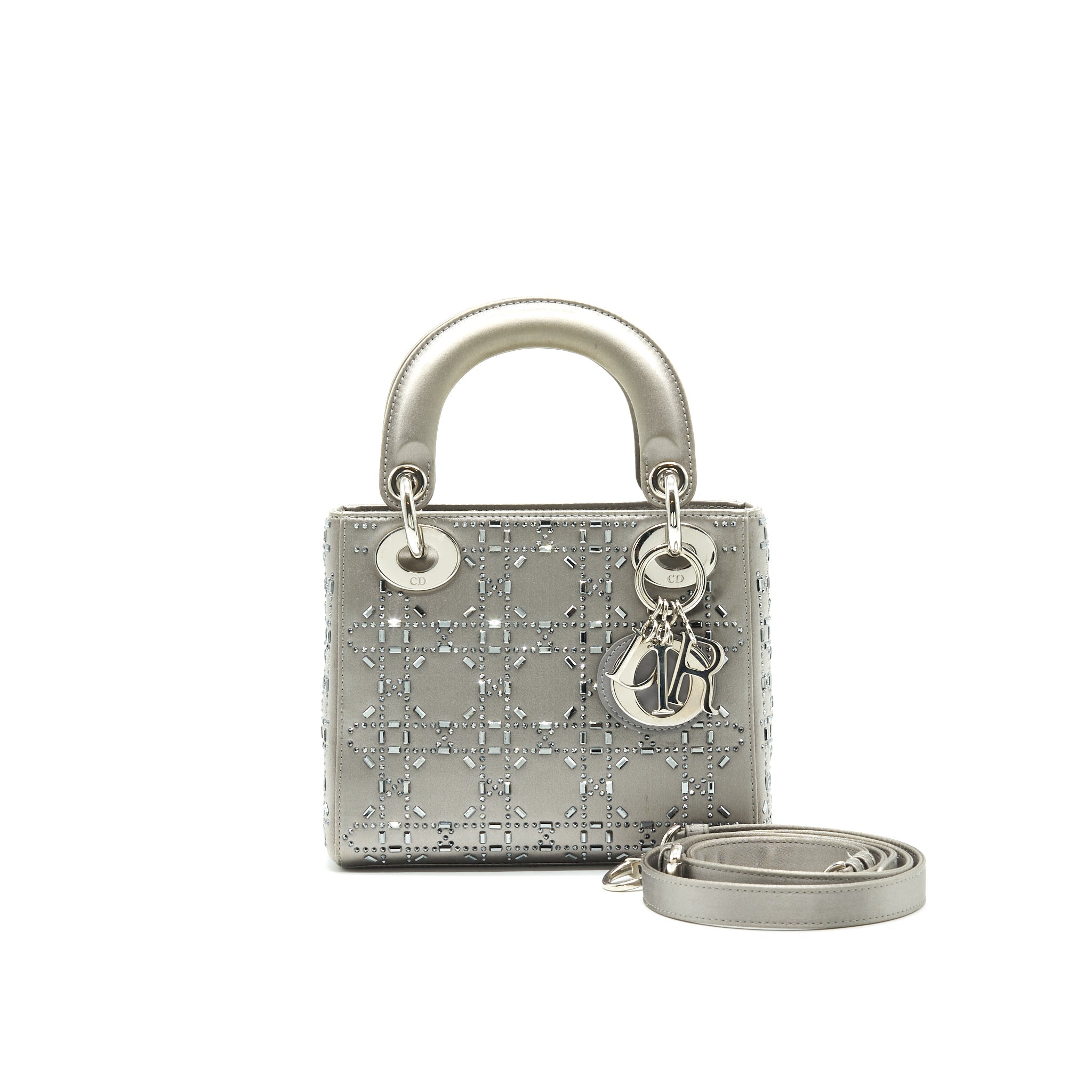 CHRISTIAN DIOR SATIN CRYSTAL CANNAGE MINI LADY DIOR GRAY