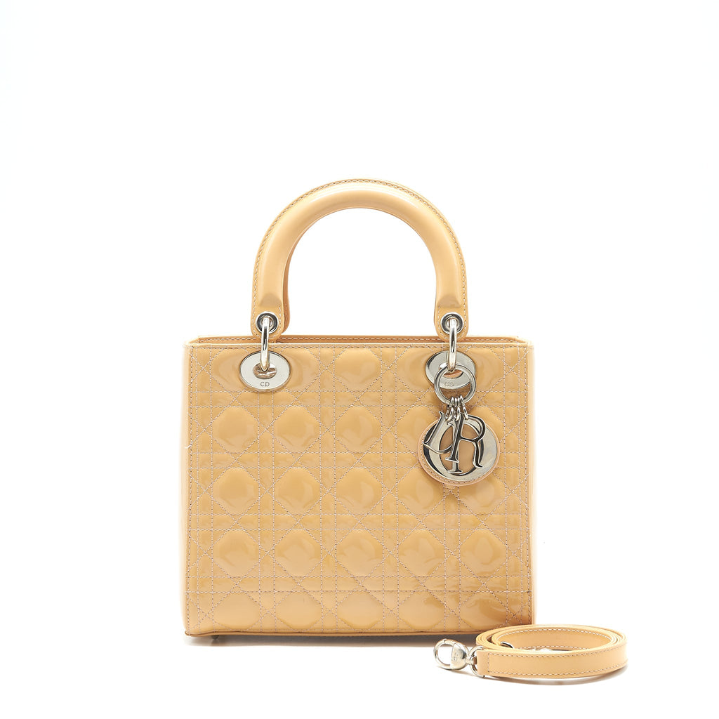 CHRISTIAN DIOR MEDIUM LADY DIOR PATENT LEATHER BEIGE WITH SHW
